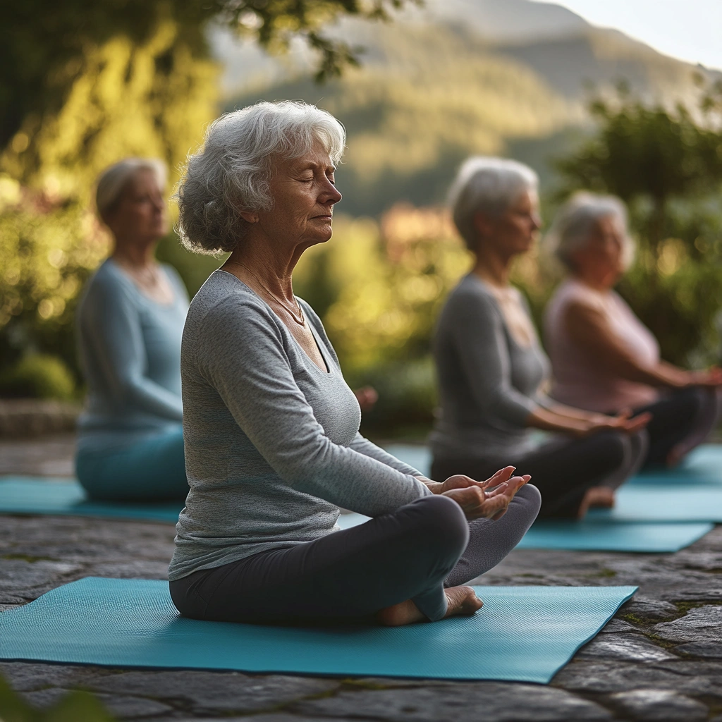 Група пенсіонерів займається йогою на свіжому повітрі