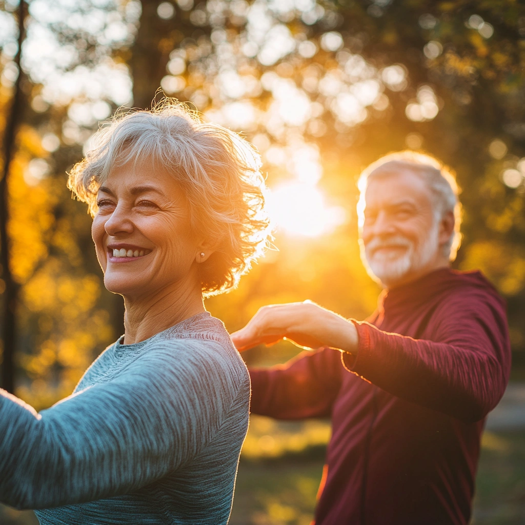 Щаслива пара пенсіонерів займається фізичними вправами у парку